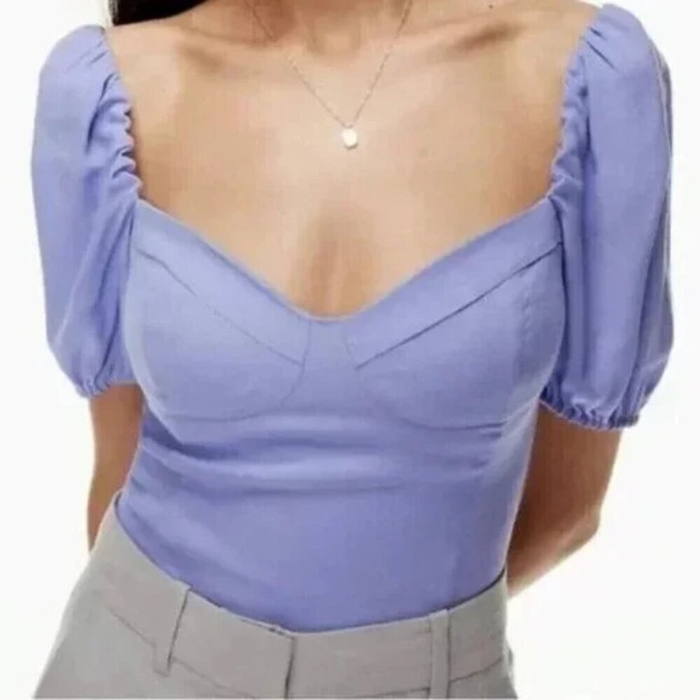 Aritzia Wilfred Purple Novella Puff Short Sleeve Cropped Top